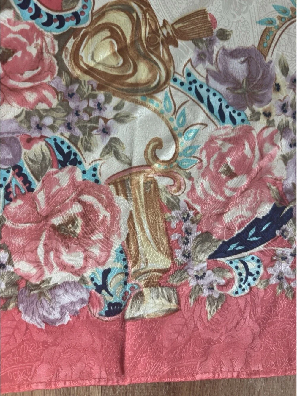 Ornate Perfume Bottle Flower Pattern Large Square Scarf Coral Cream 35x35